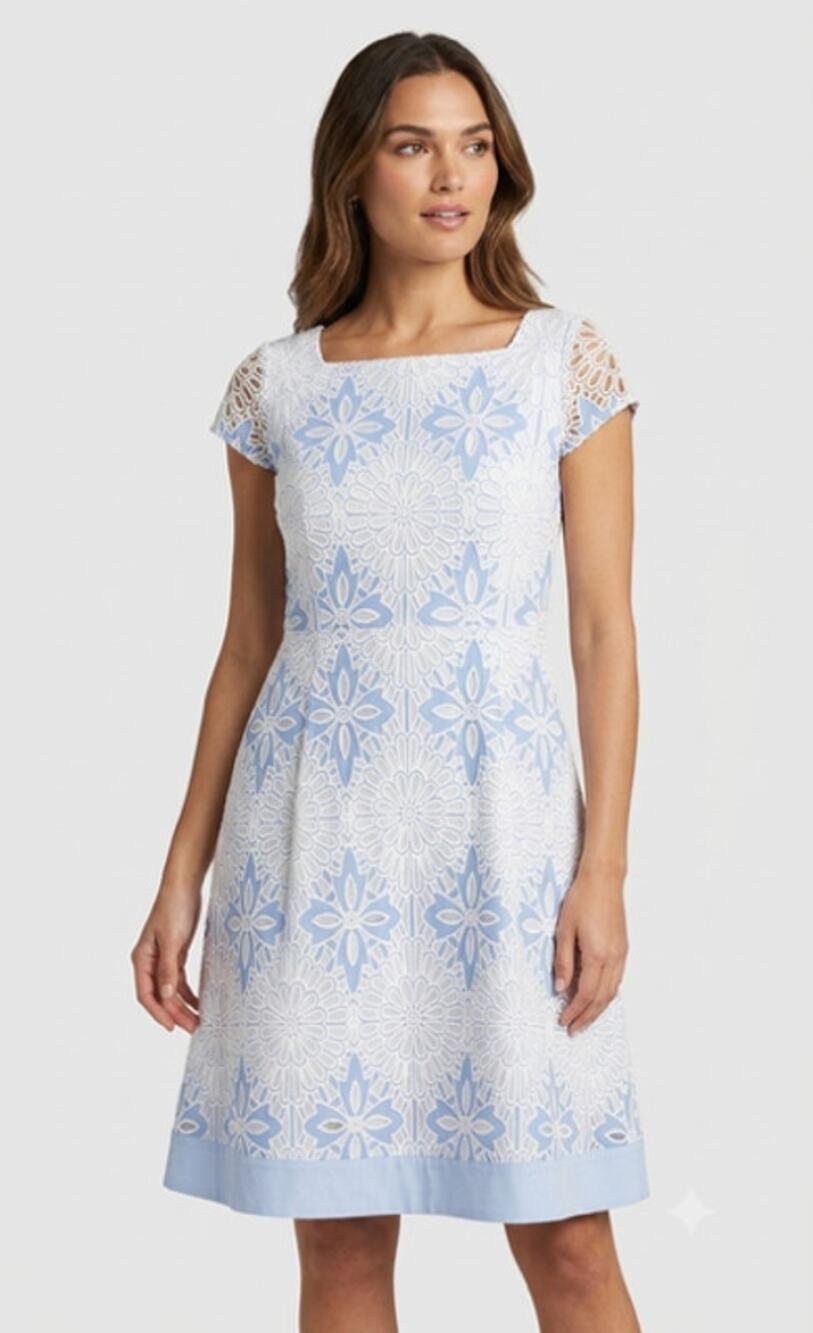 Talbots RSVP Blue White Floral Lace Eyelet Cap Sleeve Dress Size 14 Wedding